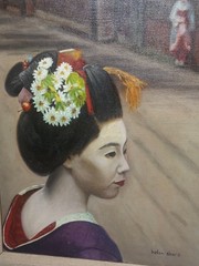 JAPANESE GEISHA GIRL OIL PAINTING ON CANVAS PERIOD FRAMED ARTIST HELEN SHARE