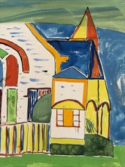 Vintage 80s Outsider Art Church Landscape Painting Robert Gilkerson 20×16″