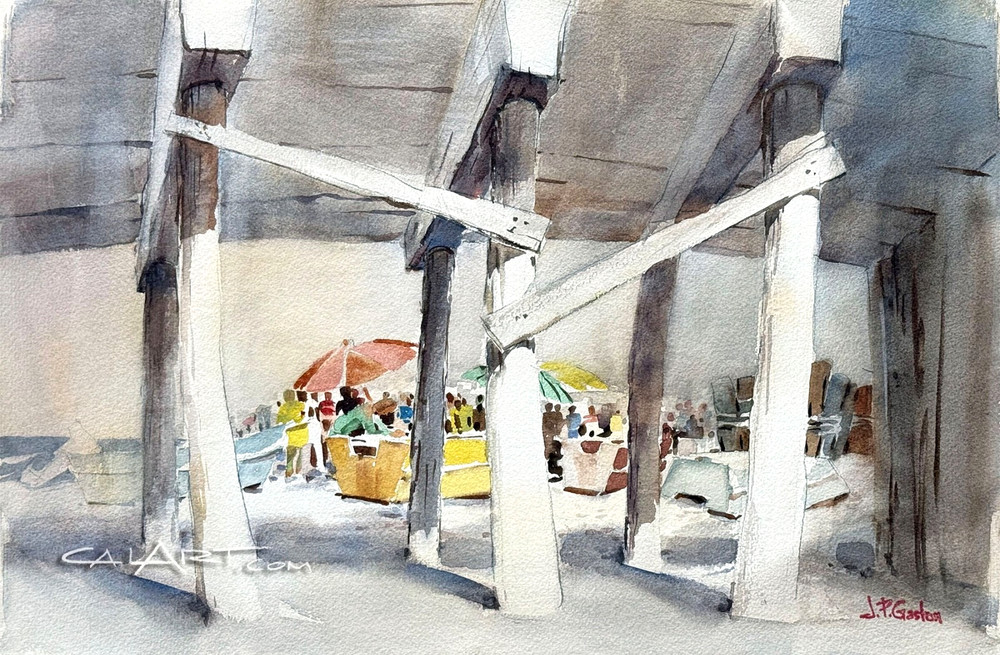 Vintage DORY FISHING FLEET MARKET NEWPORT, CaLiFoRnia 1960s Regionalist Painting