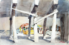 Vintage DORY FISHING FLEET MARKET NEWPORT, CaLiFoRnia 1960s Regionalist Painting