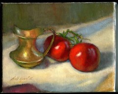 Tomatoes with Bronze Creamer 8×10 in. Oil on stretched canvas by Hall Groat II