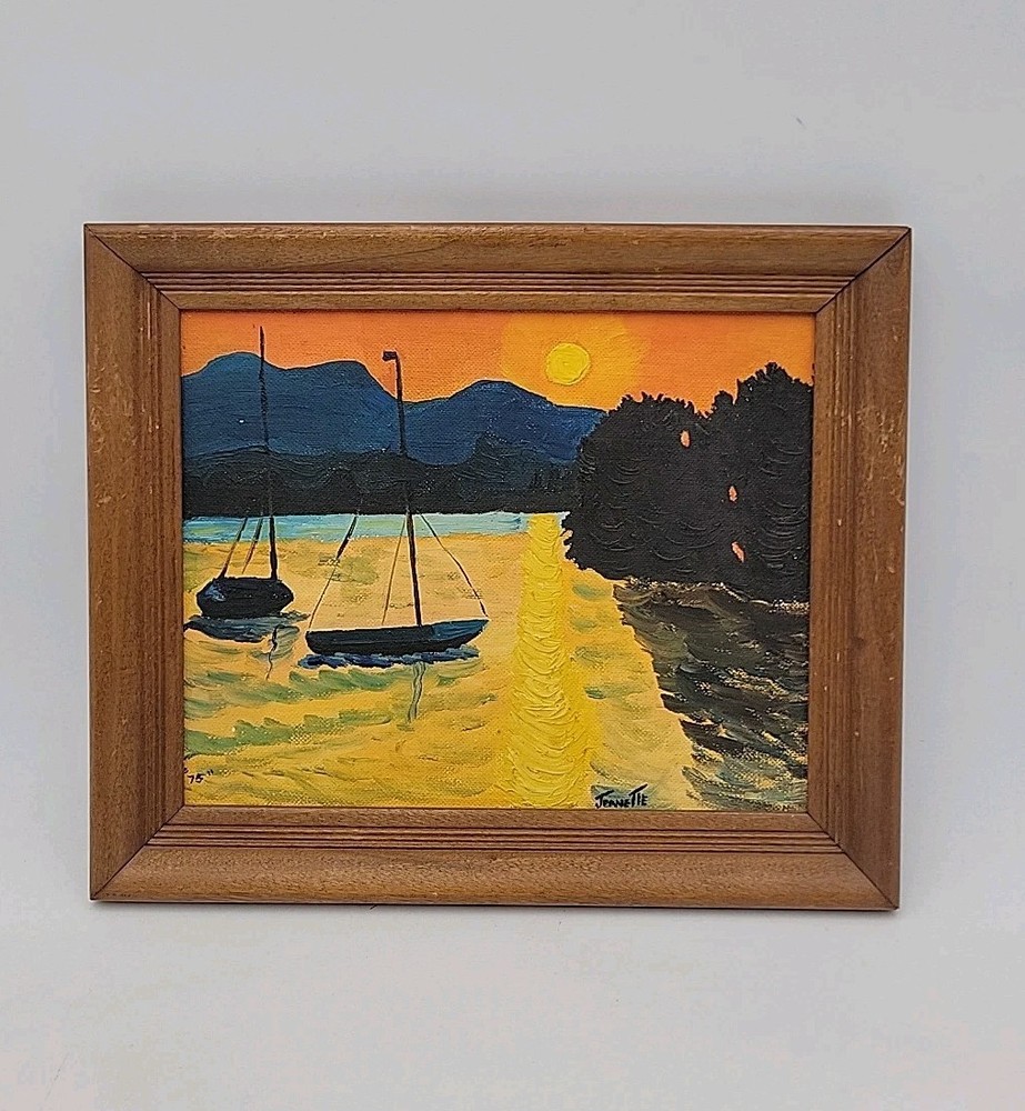 VTG 1975 Original Framed Painting Of Sail Boats In a Bay at Sunset, by O’Connor