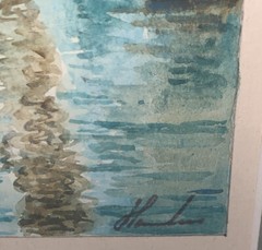 Vintage Lighthouse Ocean Boat Watercolor Signed Frame 14 7/8” Tall x 11”W Framed