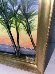Tropical Landscape Painting Coastal Seascape Palm Trees Ocean sailboats 7.5×6”