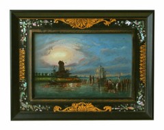 A Dutch Coastal Scene. Original Frame, Reverse Painting on Glass, 19th Century
