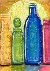 Bottles in the Moonlight Original ACEO Mixed Media Drawing Painting amylenore