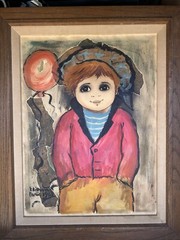 Boy with Red Balloon mixed media painting by Roger Etienne 1962