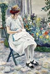 Impressionist Young Girl Sewing Carl Michel Boog 1877-1967, listed Brooklyn, NY