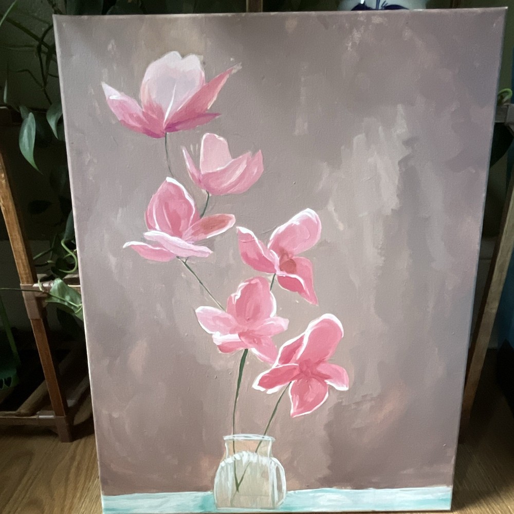 Pink orchid acrylic Painting on Canvas, Modern Floral, Unframed, 20×15 7/8