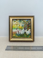 Hen original oil painting with signature framed farm animals 4×4 inches