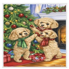 Adorable Poodle Puppies by the Fireplace Flat Rolled, Framed or Wrapped Canvas