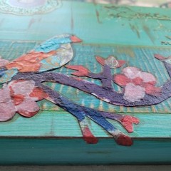 Original Signed Mixed Media Abstract Art Painting Teal Bird Cherry Branch 9×12″