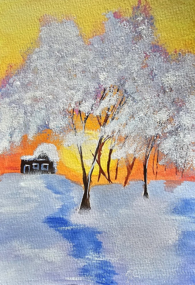 Original Forest Sunset Watercolor Painting Winter Landscape Christmas Wall Art