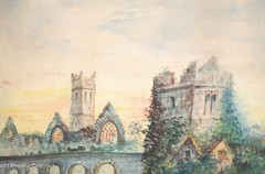 Antique English Painting of Medieval Stone Castle Ruins at Sunset, Framed White