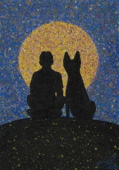 ACEO Mini Miniature Tiny *ART PRINT* Man & Dog Friend Night Sky Moon by Saulite