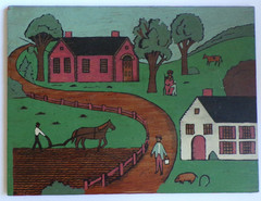 Original Vintage Folk Art Painting Spring Farm Landscape Wood Panel 12×16