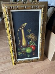 Vintage C. Cooper MCM Still Life Oil Painting Pitcher Grapes 15×30 Mexico