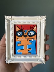 Whimsical Cat,funny,humor ,Original Painting On Paper,3/4,framed,miniature,