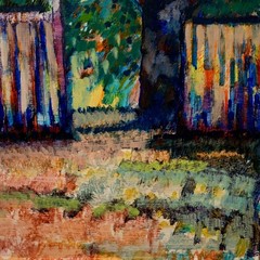 Vintage Framed Figurative Oil on Board „Woman in the Garden“ By Donald Roy Purdy