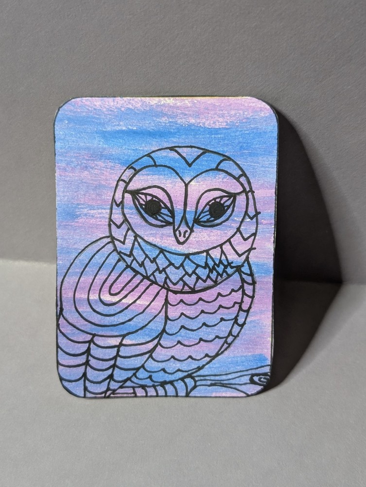 Original Owl ACEO Watercolor Colored Pencil OOAK Artist Trading Card 2 of 2
