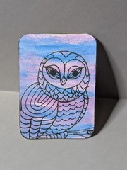 Original Owl ACEO Watercolor Colored Pencil OOAK Artist Trading Card 2 of 2