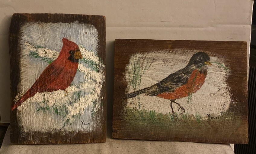 Vtg 2 Oil on Rough Wood Board painting Rustic Approx 10” x 7” Signed By Yaun