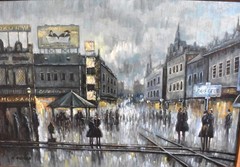 Signed K. Andrea Oil Painting „Paris Street in Rain“ Framed 43″ x 31″ Abstract