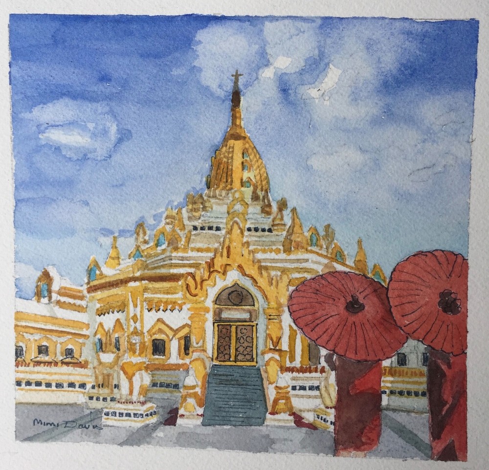 MYANMAR, YANGON – SHWEDAGON PAGODA /ORIG. W/C / 9″ X 12″/ MIMI DAVIS, ARTIST