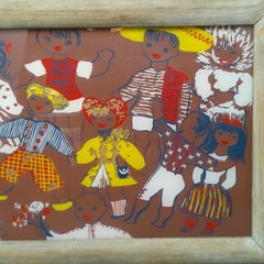 Vintage Mid Century Reverse Glass Painting Folk Art World Culture Children 20×14