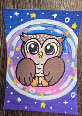 ACEO Original Cute Kawaii Cosmic Owl In A Bubble, 2.5 x 3.5 Inch OOAK