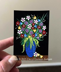 ACEO Original Dot Painting Flowers in a Blue Vase by Cheryl Andrade