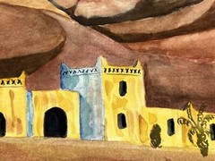 Watercolor Painting Desert Buildings Pueblos Village Folk Art 7×10” Contemporary