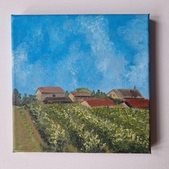 Original oil painting summer landscape Italian village peaceful houses 8×8″