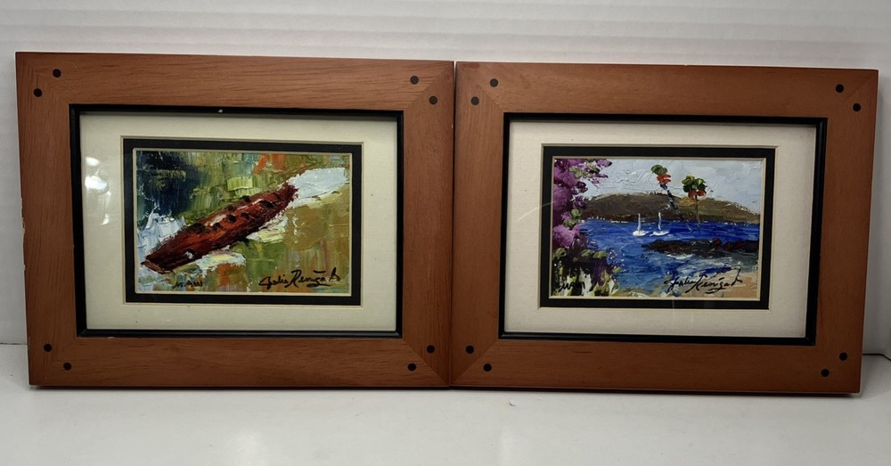 Julia Renigado Oil on Tapa (2) 2005 Hand Painted Art Maui Hawaii Beach Scene