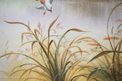 Beautiful Vintage Painting of Ducks Flying over Lake w. Long Grass Signed, Fine!
