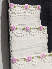 Original Acrylic on Canvas, 6″x 8″, White Cake w/ Pink Roses, Black Background