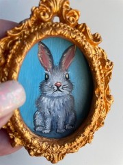 Original Mini Rabbit Oil Painting Cute Bunny Portrait Ornate Gold Baroque Frame