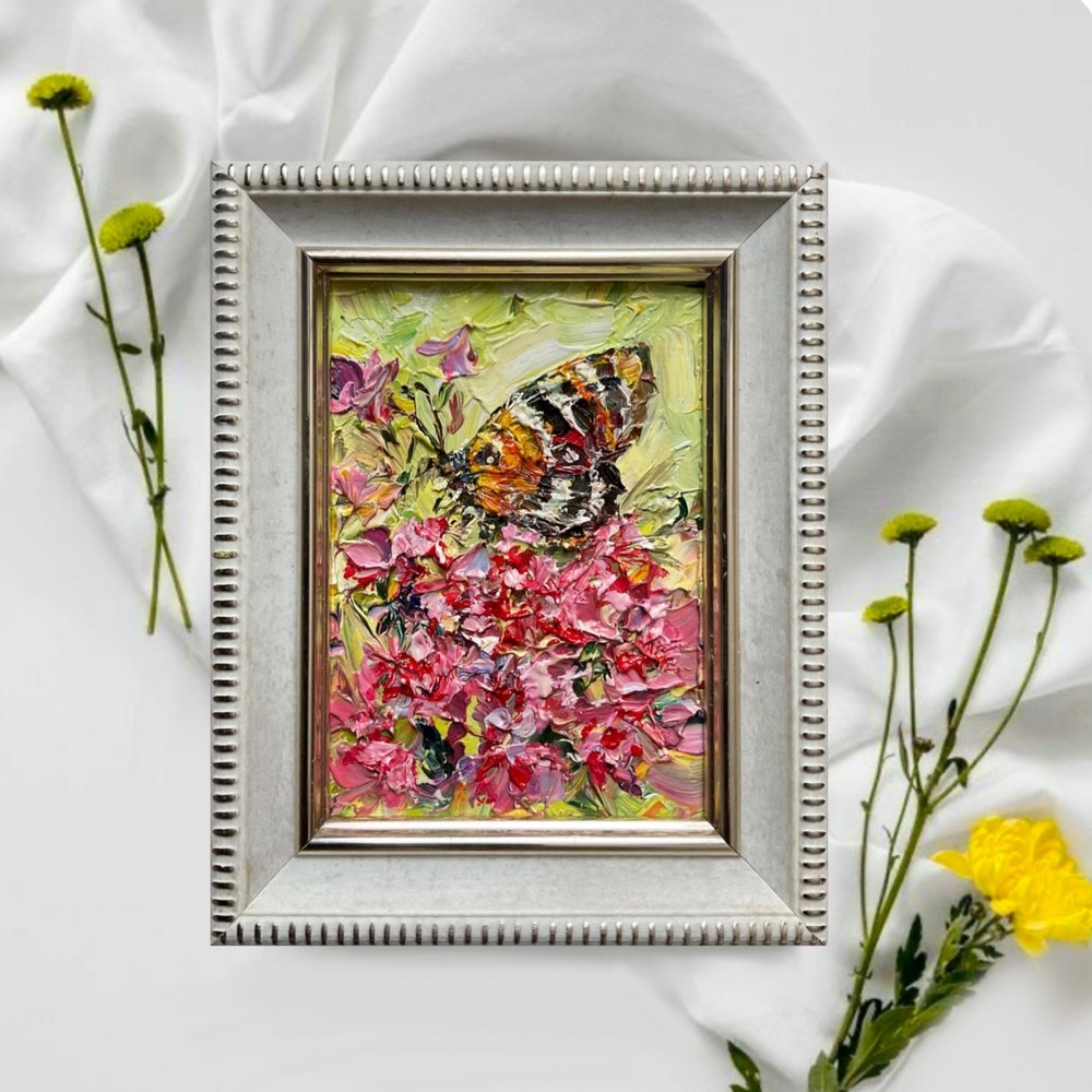 Wildflower Butterfly Original Oil Painting Impasto Collectable Mini Art 3×2.5in