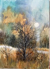 Pamela Wilhelm original 5×7 Watercolor Moon Rise Autumn Evening Dark Trees