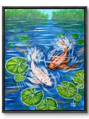 Original Vibrant Koi 11×14 Acrylic Canvas Waterscape Painting Art Home Decor