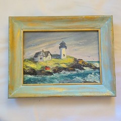 A. M. Jordan „Nubble Light“ Signed Framed Original Oil Painting 7×9 Maine