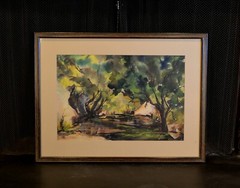 Landscape Watercolor Painting – Creek in Woods – Greens – Bette Vogt 1905-99