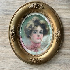 Antique Victorian Oval Woman Portrait Print Ornate Frame Gold Painted Wood Litho