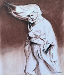 CLAUDIA PENARANDA LARGE ORIGINAL DRAWING CONTE CRAYON PAINTING WOMAN WITH HIJAB