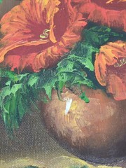 Roy Pasanault Oil Painting Orange Flowers in Vase Canvas Wood Frame 17″ x 14″