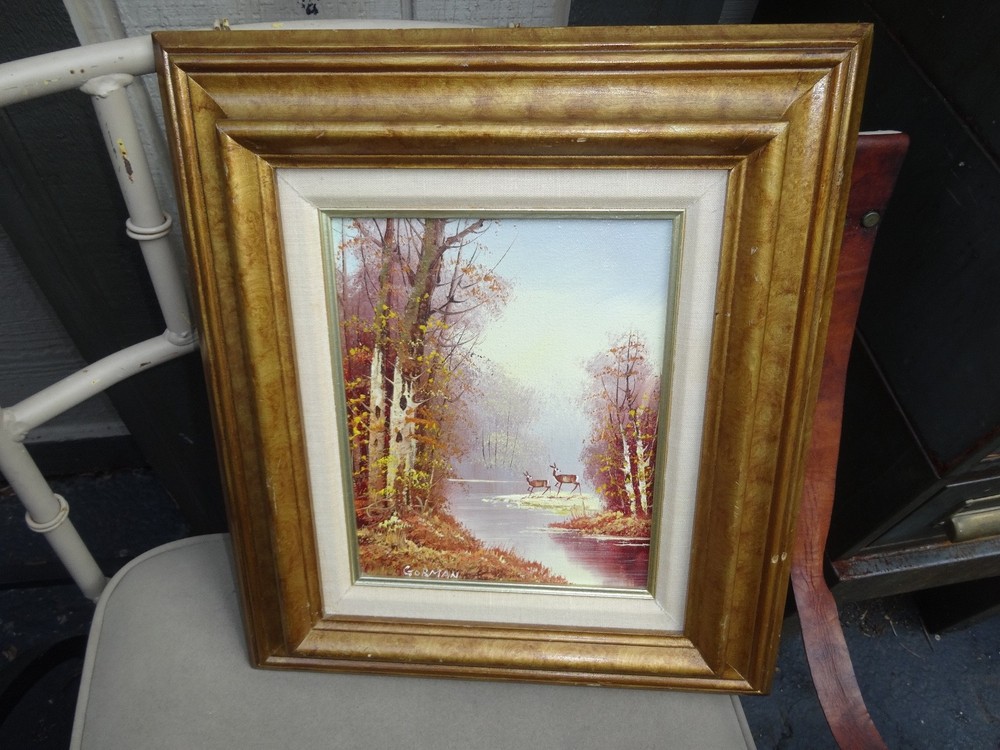 GORMAN ORIGINAL Oil Painting on Canvas FAWN & DEER BY THE LAKE! Framed 17″ X 15″