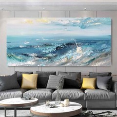 Blue Living Room Wall Arts Hand Painted Modern Abstract Seascape Canvas