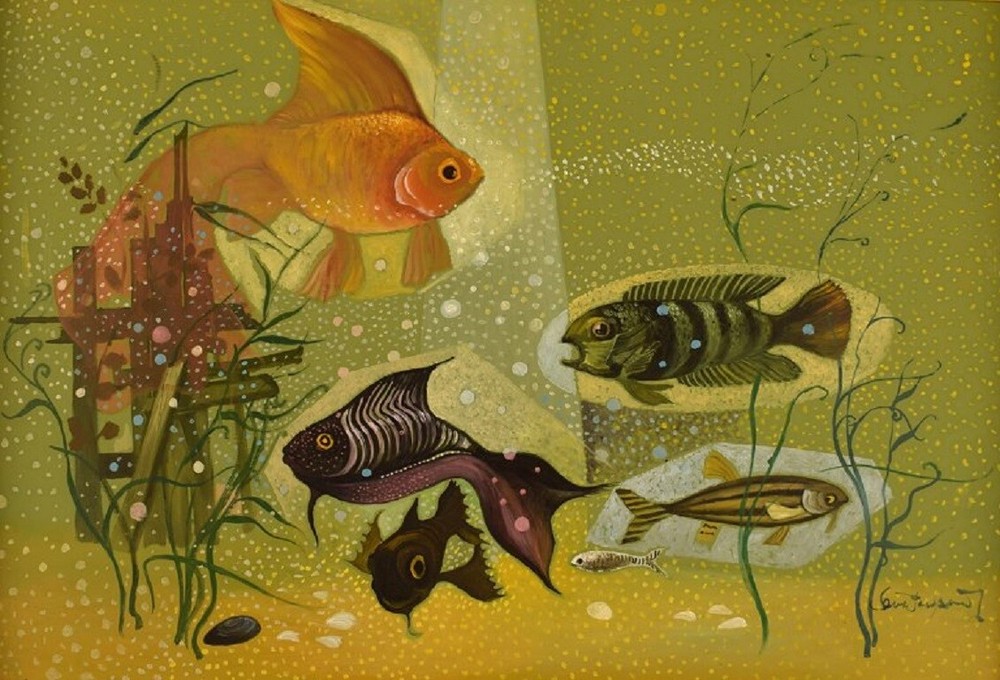 Ove Persson (1925-1999), Swedish artist. Oil on board. „Aquarium“. Late 20th C.