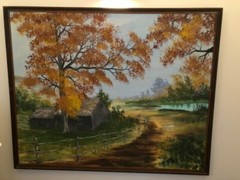 5+feet by 4+feet Vintage Oil Painting Autumn Farm house near the lake Landscape