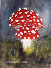 Original watercolor painting „RED BRIGHT FLY AGARIC“ miniature 18x13cm art gift.